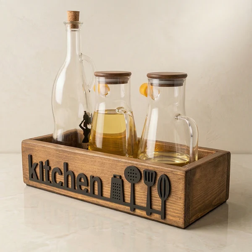 Ah�ap Mutfak Organizeri Ya�danl�k Stand� Kitchen Yaz�l� Tezgah �st� �i�e D�zenleyici