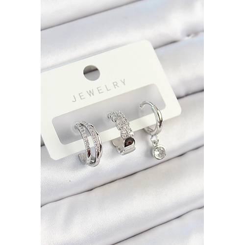 Pirin� Zirkon Ta�l� Halka Model G�m�� Renk 3'l� �ift Kad�n K�pe Set