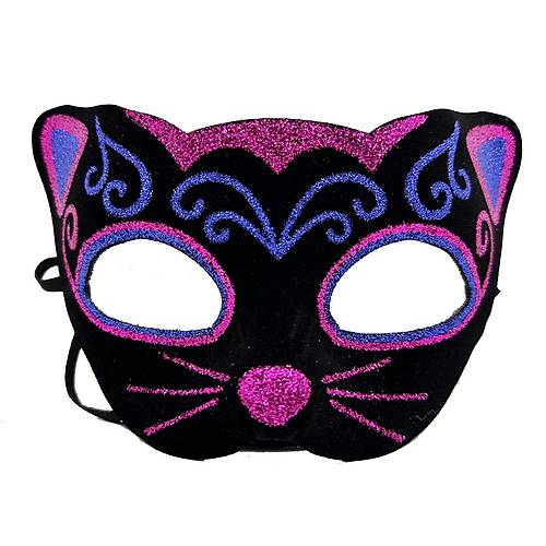 Siyah Kadife Kaplama �zeri Pembe Mavi Sim ��lemeli Kedi Maskesi 20x13 cm