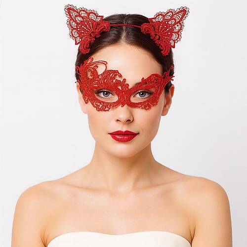 Gizemli K�rm�z� Dantel Maske ve Ta� Seti 1 No - Kost�m Seti