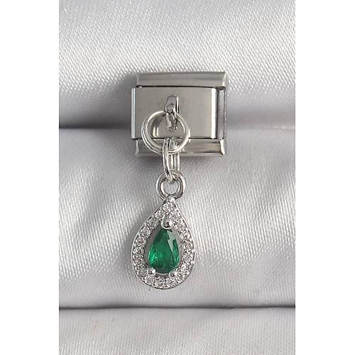 316L �elik G�m�� Renk Sallant� Ye�il Zirkon Ta�l� Damla Model Nomination Charm