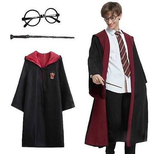 Harry Potter Gryffindor Kapi�onlu �ocuk Kost�m + Asa + G�zl�k Seti 7-8 Ya�