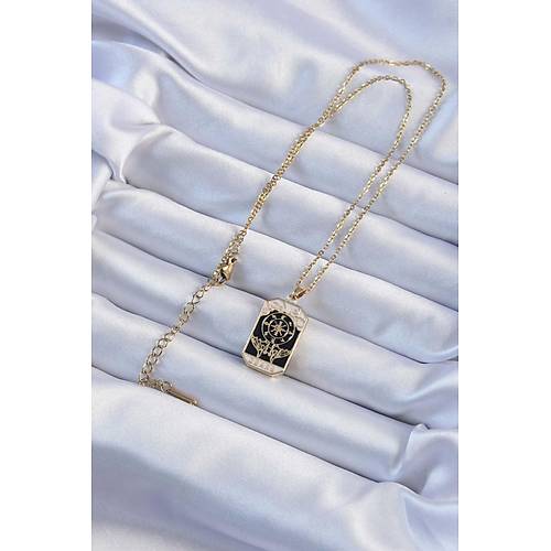 316L �elik Zincir Alt�n Renk ��lemeli Siyah Mineli Tarot Kolye