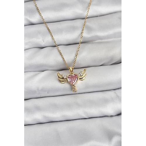 316L �elik Zincir Gold Renk Kanatl� Kalp Model Zirkon Ta�l� Kad�n Kolye