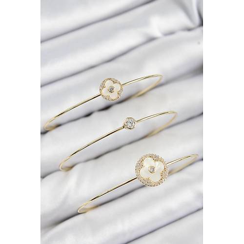 Pirin� Zirkon Ta�l� Yonca Model Gold Renk Vip 3'l� Kad�n Bileklik