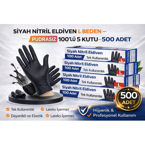 Siyah Nitril Eldiven L Beden Pudras�z 100'l� 5 Kutu Tek Kullan�ml�k Lateks ��ermeyen Dayan�kl� Koruyucu Eldiven Seti