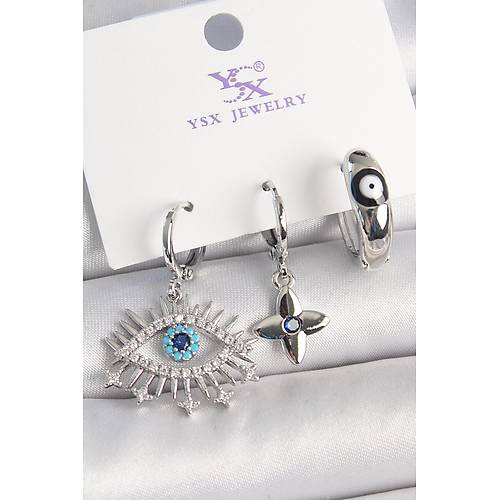 Pirin� G�m�� Renk Zirkon Ta�l� G�z Model Nazar Boncuk Detay 3'L� Kad�n Kombin K�pe