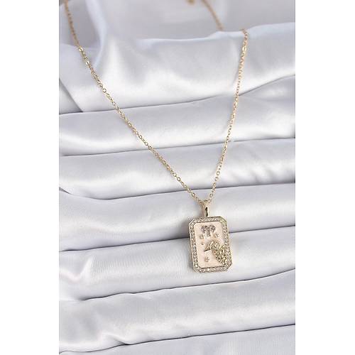 316L �elik Gold Renk Zincir Ko� Burcu Zirkon Ta�l� Kad�n Kolye