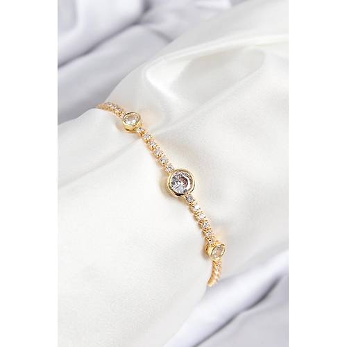 Pirin� Zirkon Ta�l� Daire Model Gold Renk Asans�rl� Kad�n Bileklik