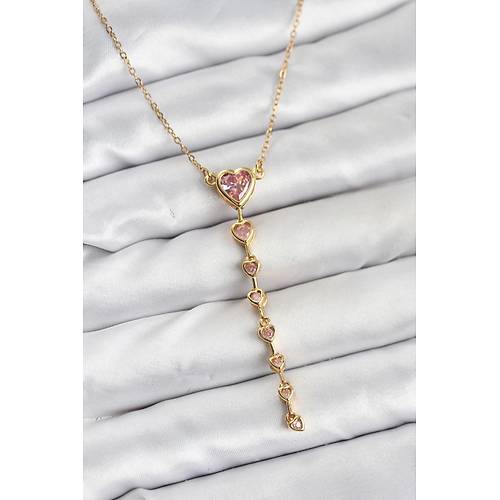 316L �elik Zincir Gold Renk Pembe Kalp Kad�n Kolye