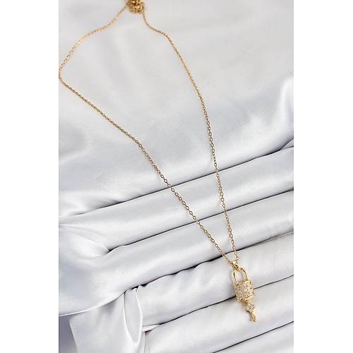 316L �elik Zirkon Ta�l� Kilit Ve Sallant�l� Anahtar Model Gold Renk Kad�n Kolye