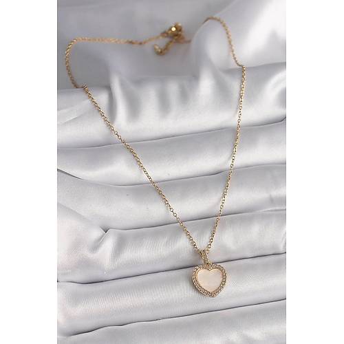 316L �elik Gold Renk Zincir Zirkon Ta�l� Beyaz Mineli Kalp Model Kad�n Kolye