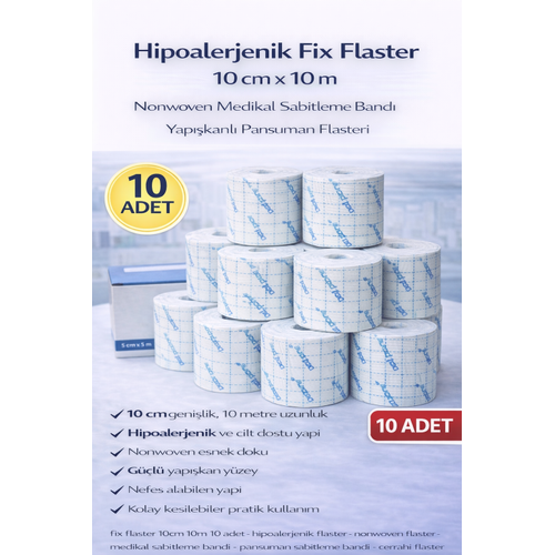 Hipoalerjenik Fix Flaster 10 cm x 10 m 10 Adet Nonwoven Medikal Sabitleme Band� Yap��kanl� Pansuman Flasteri
