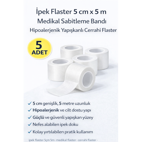 �pek Flaster 5 cm x 5 m 5 Adet Medikal Sabitleme Band� Hipoalerjenik Yap��kanl� Cerrahi Flaster