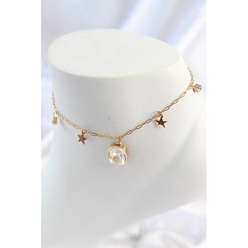 316L �elik Gold Renk Sallant� Kare Zirkon Ta� Fig�r Y�ld�z Detay Kad�n Halhal