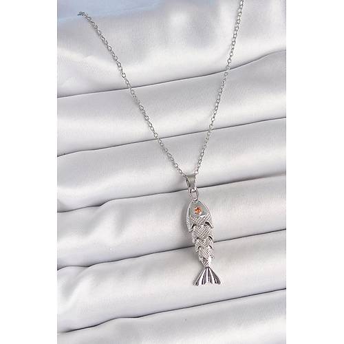 316L �elik Zincir G�m�� Renk Zirkon Ta�l� Bal�k Fig�rl� Kolye