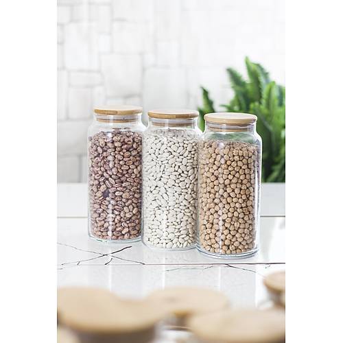 9'lu Bambu Kapakl� Cam Kavanoz & Erzak Saklama Kab� Seti 3* 1.3 Lt + 0.80 Lt + 0.50 Lt (Vakum Kapak)