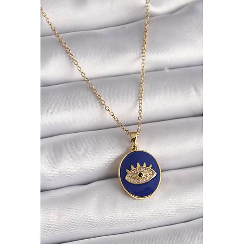 316L �elik Gold Renk Zincir Mavi Mineli Zirkon Ta�l� G�z ��leme Kad�n Kolye