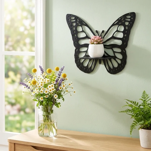 Dekoratif Kelebek Duvar Raf� MDF Lazer Kesim Duvar S�s� Mini Raf Bitki ve Obje Stand�