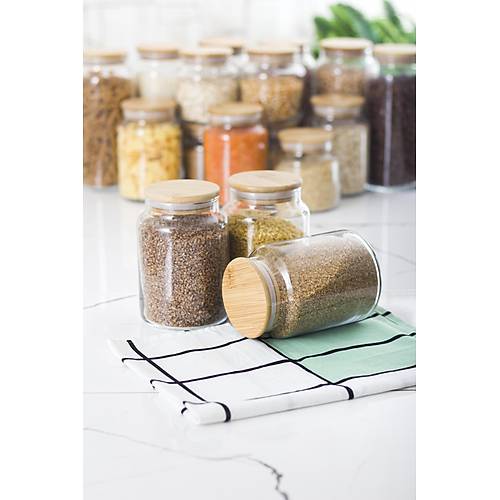 9'lu Bambu Kapakl� Cam Kavanoz & Erzak Saklama Kab� Seti 3* 1.3 Lt + 0.80 Lt + 0.50 Lt (Vakum Kapak)