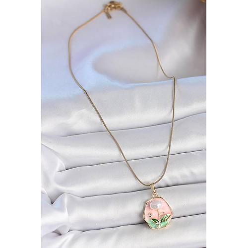 316L �elik Gold Renk Zincir Pembe �i�ek ��lemeli �nci Detay Portre Model Kad�n Kolye