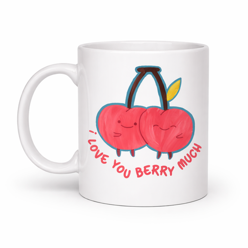 I Love You Berry Much Tasar�ml� Kupa Model 12 Sevimli Kiraz Desenli Porselen Kahve Kupas� - Hediye Fincan�