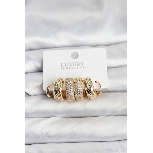 Zirkon Ta�l� Pirin� Gold Renk Halka Kad�n K�pe Seti