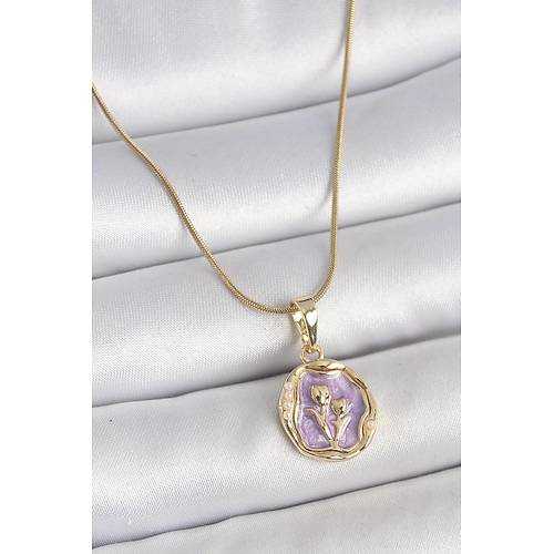 316L �elik Gold Renk Zincir Mor Mineli �i�ek ��lemeli Portre Model Kad�n Kolye