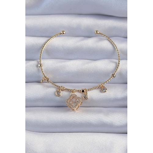 Pirin� Alt�n Renk Zirkon Ta�l� Yonca Model Charm Bileklik