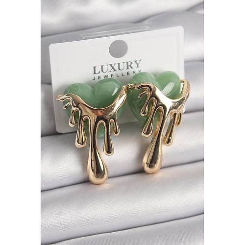 Pirin� Gold Renk Ye�il Sedefli Akan Kalp Model Kad�n K�pe