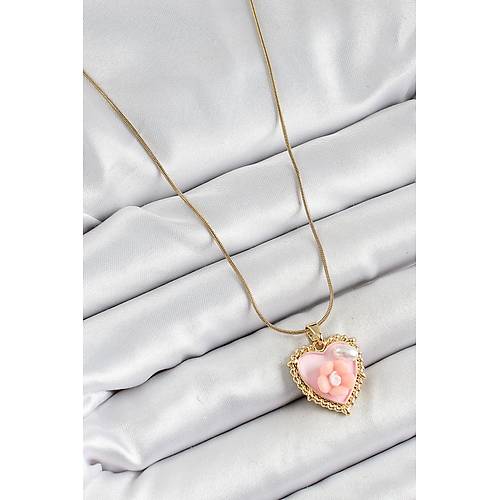 316L �elik Zincir Pembe Sanatsal Portre �nci Detayl� Papatya Fig�rl� Kalp Model Gold Renk Kad�n Kolye