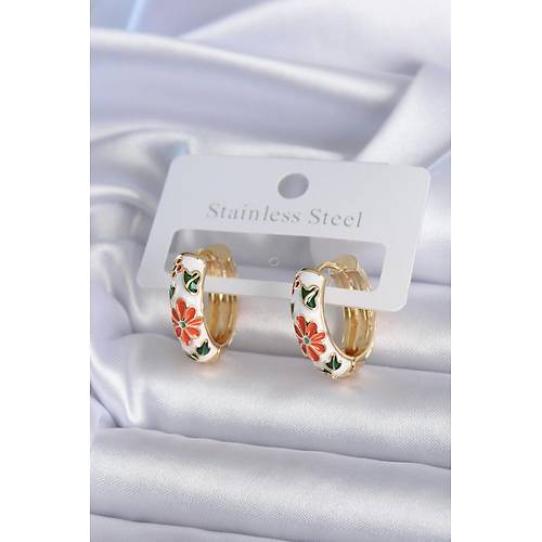 Pirin� Gold Renk Beyaz Renk �i�ek ��leme Detay Kad�n K�pe