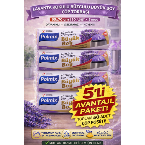 Polmix Lavanta Kokulu B�zg�l� ��p Torbas� B�y�k Boy 65x70 cm 10'lu 5 Paket Dayan�kl� S�zd�rmaz ��p Po�eti