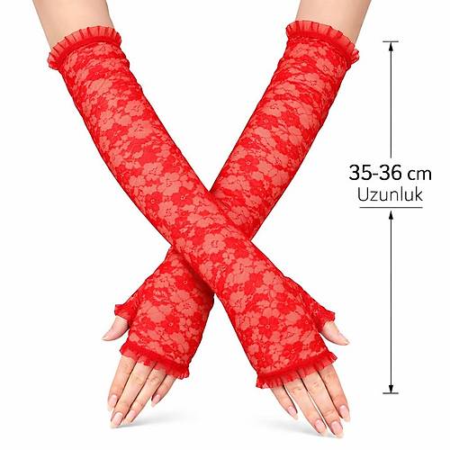Uzun Zarif Dantel Eldiven Parmaks�z K�rm�z� 35 cm