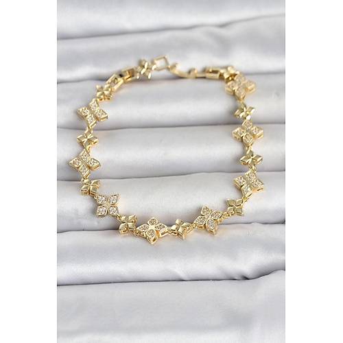 Pirin� Zirkon Ta�l� Yonca Model Gold Renk Kad�n Bileklik