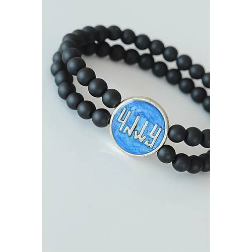 Vav Fig�rl� Lacivert Metal Aksesuarl� �ift S�ra Oniks Do�al Ta� Erkek Bileklik