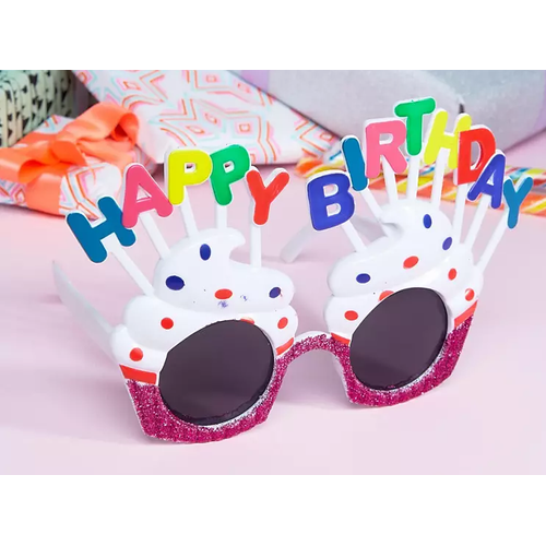 Happy Birthday Yaz�l� Beyaz Fu�ya Renk Beyaz Pastal� Parti G�zl��� 12x7 cm