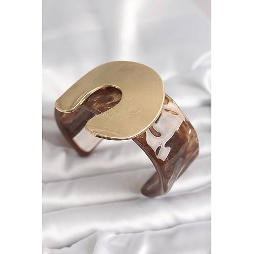 Kahverengi Mermer Desen Akrilik Plastik Gold Nal Model Plaka Vintage Kad�n Bilezik