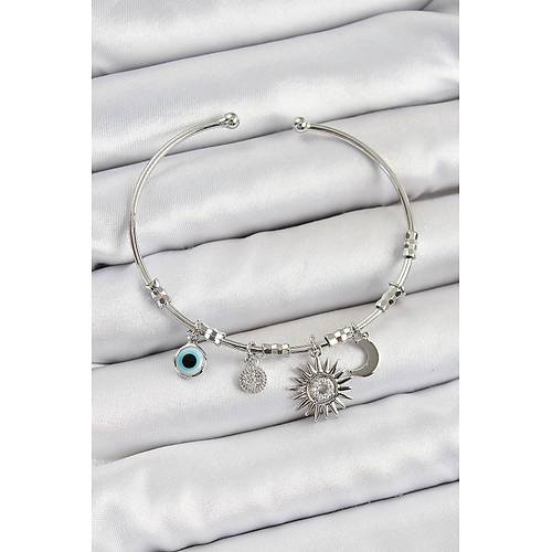 Pirin� Zirkon Ta�l� G�ne� Ay Ve Nazar Model G�m�� Renk Charm Bileklik