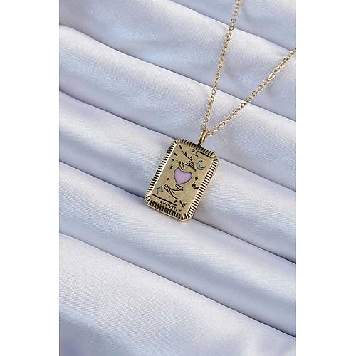 316L �elik Zincir Eskitme Alt�n Renk Pembe Mineli Kalp Fig�rl� Tarot Kolye