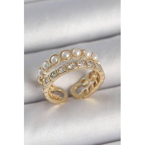 Pirin� Gold Renk 2'Li Zirkon Ta�l� Ve �ncili Ayarlanabilir Kad�n Y�z�k
