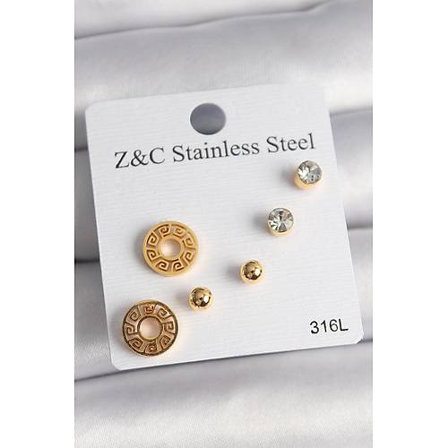 316L �elik Gold Renk Zirkon Ta�� Labirent Model Kad�n K�pe Seti