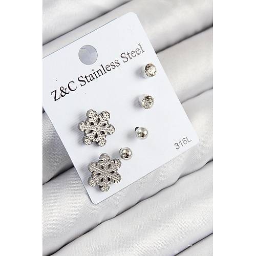 316L �elik Zirkon Ta�l� Kar Tanesi Model G�m�� Renk Kad�n Set K�pe