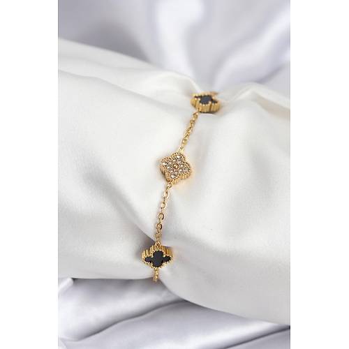 316L �elik Gold Renk Siyah ve Zirkon Ta�l� Baby Boy Yonca Kad�n Bileklik