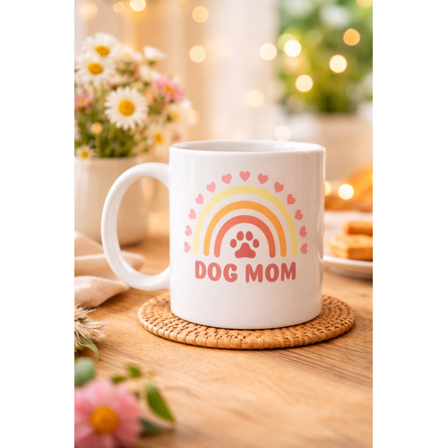 Dog Mom Bask�l� Porselen Kupa MODEL 186 � K�pek Annesi Temal� Sevimli Kahve Kupas� � K�pek Severlere Hediye � Sevimli Pati ve G�kku�a�� Tasar�ml� Kupa