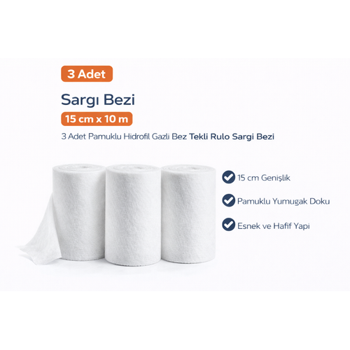 Sarg� Bezi 15 cm x 10 m 3 Adet Pamuklu Hidrofil Gazl� Bez Rulo Sarg� Bezi Seti