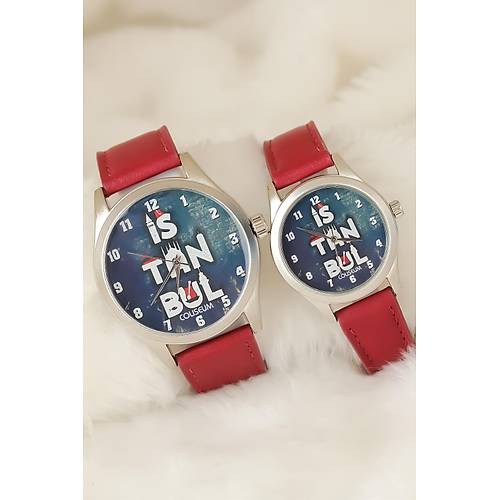 Bordo Renk Deri Kordonlu �stanbul Tasar�ml� Sevgili Saatleri