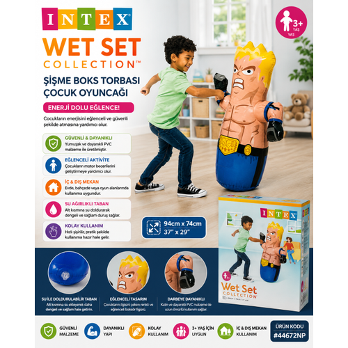 Intex Wet Set 44672NP �ocuk �i�me Boks Torbas� Oyunca�� Sar� Sa�l� Fig�rl� 94x74 Cm E�lenceli Vurmal� Oyuncak 3 Ya� �zeri