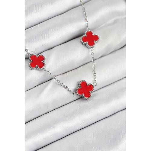 316L �elik Zincir G�m�� K�rm�z� Renk Yonca Kad�n Kolye