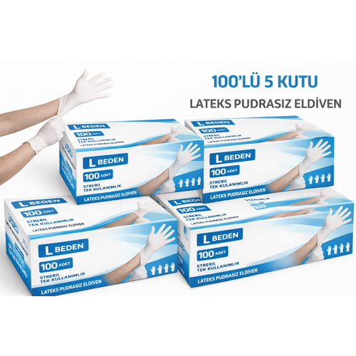 L Beden Lateks Pudras�z Eldiven 100'l� 5 Kutu (Toplam 500 Adet) Tek Kullan�ml�k Muayene Eldiveni